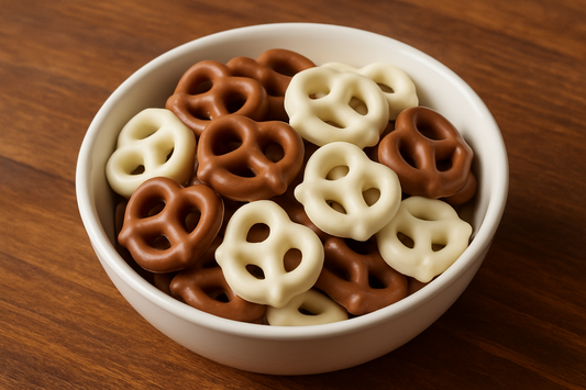 a mix of milk and white mini pretzels in a white bowl sitting n a brown table