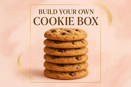 create a pink and gold flyer with a picture of a stack of chocolate chip cookies and the words build your own cookie box