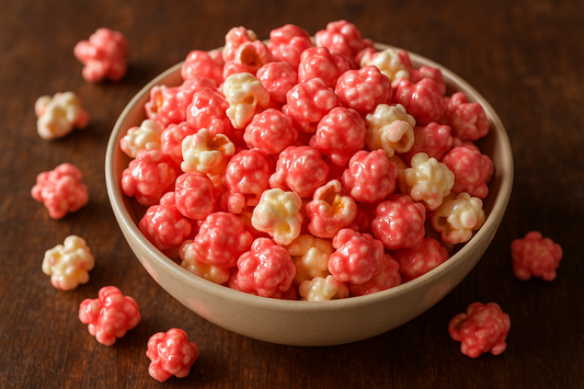 pink and white candied popcorn