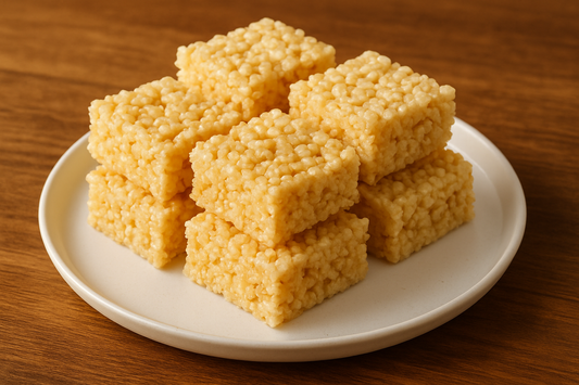 rice crispy treats on a white plate sitting on a brown table